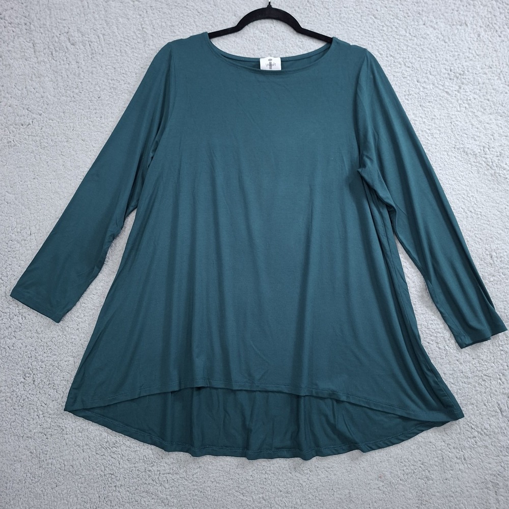 Inoah Top Womens Large Green Jersey Knit Tunic Long Sleeve Relaxed Blouse USA